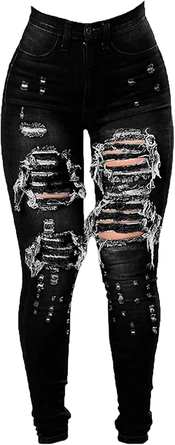 JEKE-DG Women's High Waist Plus Size Destroyed Jeans Slim Skinny Ripped Trousers Stretch Denim Pants
