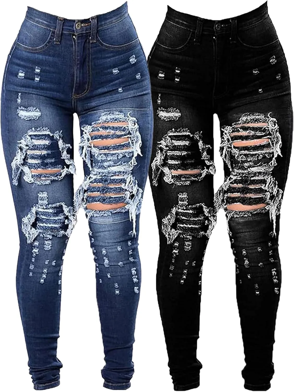 JEKE-DG Women's High Waist Plus Size Destroyed Jeans Slim Skinny Ripped Trousers Stretch Denim Pants