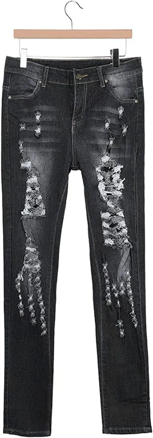JEKE-DG Women's High Waist Plus Size Destroyed Jeans Slim Skinny Ripped Trousers Stretch Denim Pants