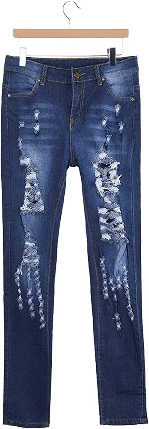 JEKE-DG Women's High Waist Plus Size Destroyed Jeans Slim Skinny Ripped Trousers Stretch Denim Pants