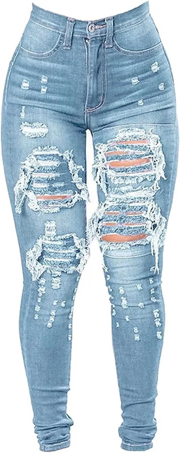 JEKE-DG Women's High Waist Plus Size Destroyed Jeans Slim Skinny Ripped Trousers Stretch Denim Pants