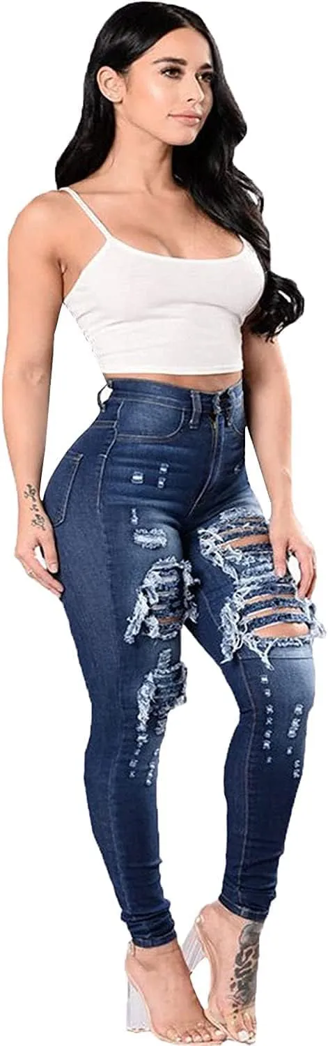 JEKE-DG Women's High Waist Plus Size Destroyed Jeans Slim Skinny Ripped Trousers Stretch Denim Pants