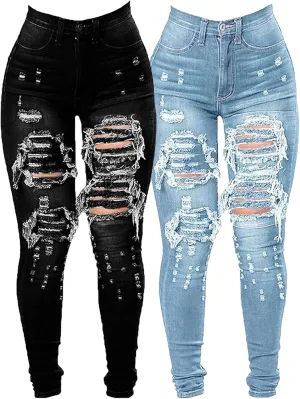 JEKE-DG Women's High Waist Plus Size Destroyed Jeans Slim Skinny Ripped Trousers Stretch Denim Pants