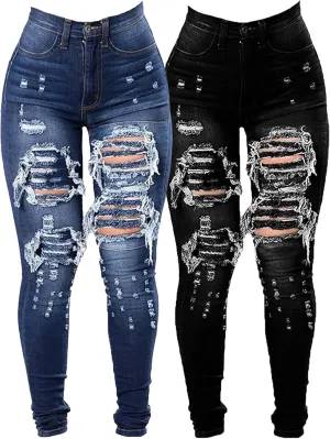 JEKE-DG Women's High Waist Plus Size Destroyed Jeans Slim Skinny Ripped Trousers Stretch Denim Pants