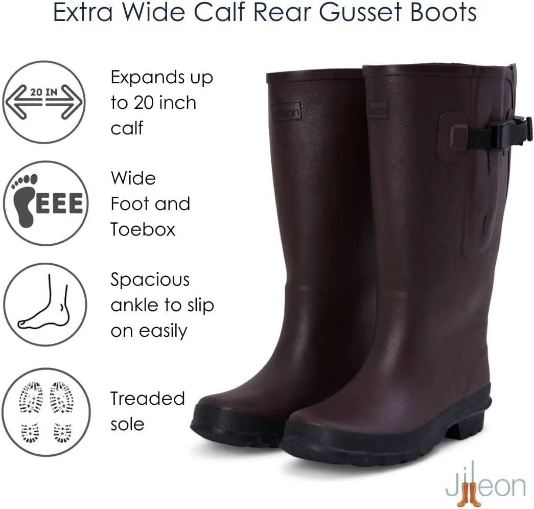 Jileon Extra Wide Calf Womens Rain Boots with Rear Expansion - Fit up to 20" Calves | Designed For Ladies with Wide Feet or Ankles | Durable and 100% Waterproof Boots
