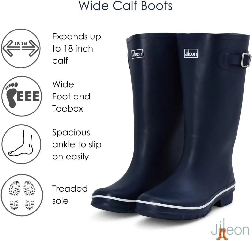 Jileon Wide Fit Womens Rain Boots - Fit up to 18” Calves - Unique Design For Wide Feet, Ankles & Calves