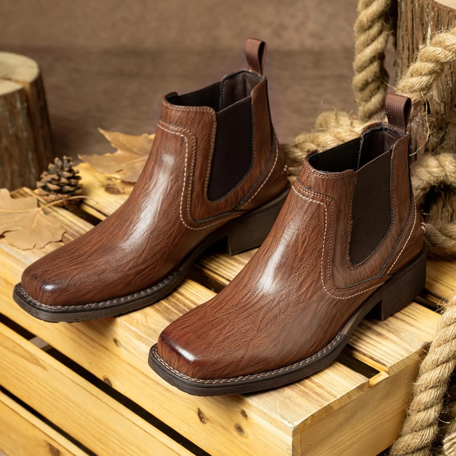 Jousen Chelsea Boots Men Square Toe Ankle Mens Western Boots Casual Slip On Boots for Men