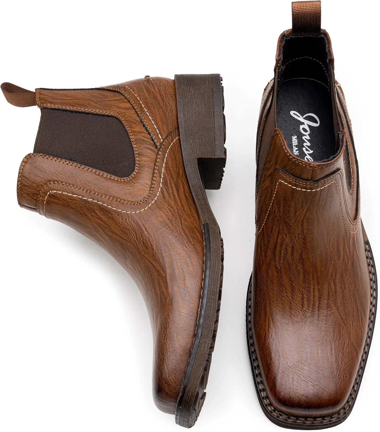 Jousen Chelsea Boots Men Square Toe Ankle Mens Western Boots Casual Slip On Boots for Men