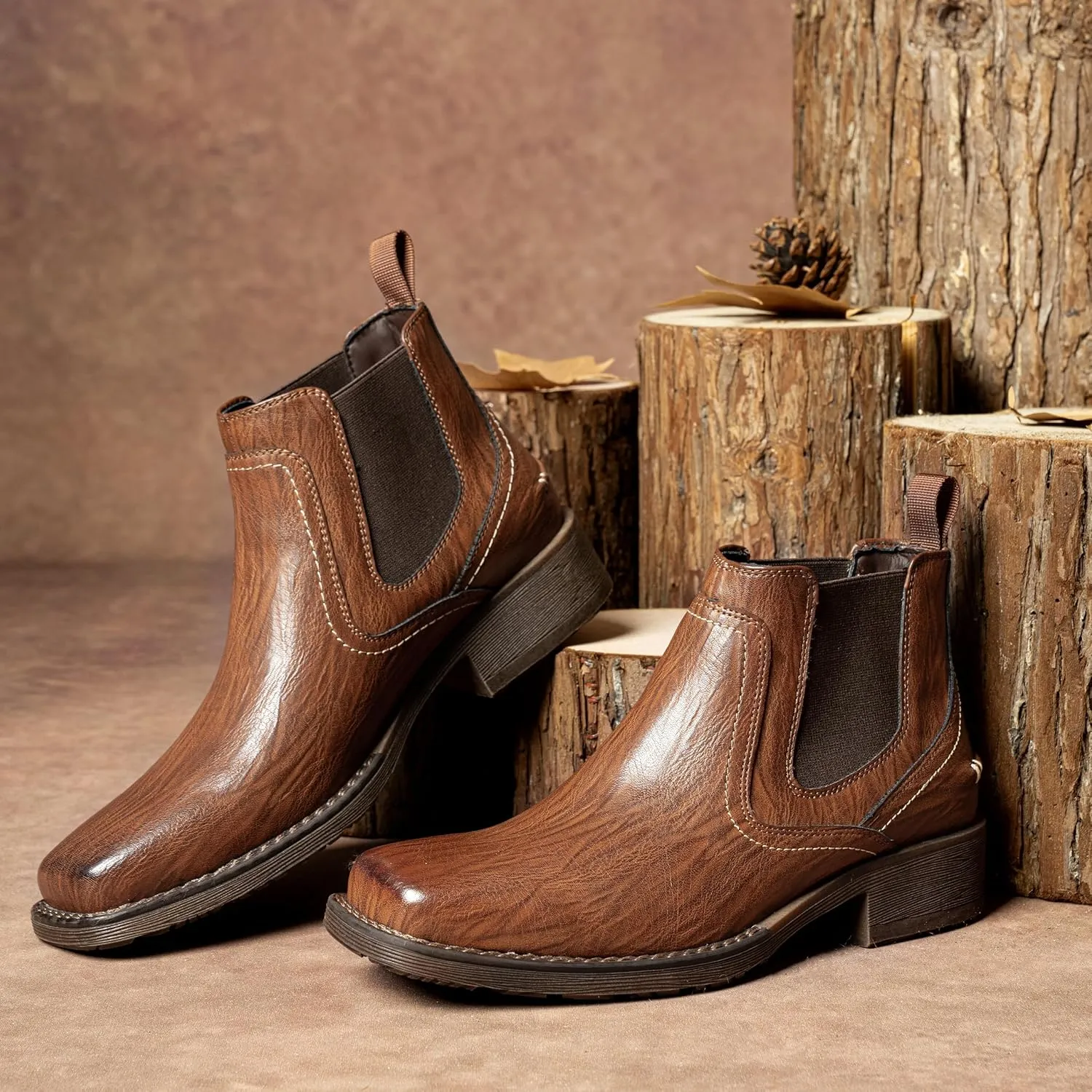 Jousen Chelsea Boots Men Square Toe Ankle Mens Western Boots Casual Slip On Boots for Men