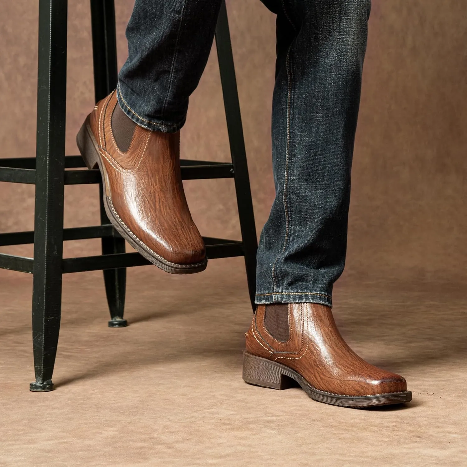 Jousen Chelsea Boots Men Square Toe Ankle Mens Western Boots Casual Slip On Boots for Men
