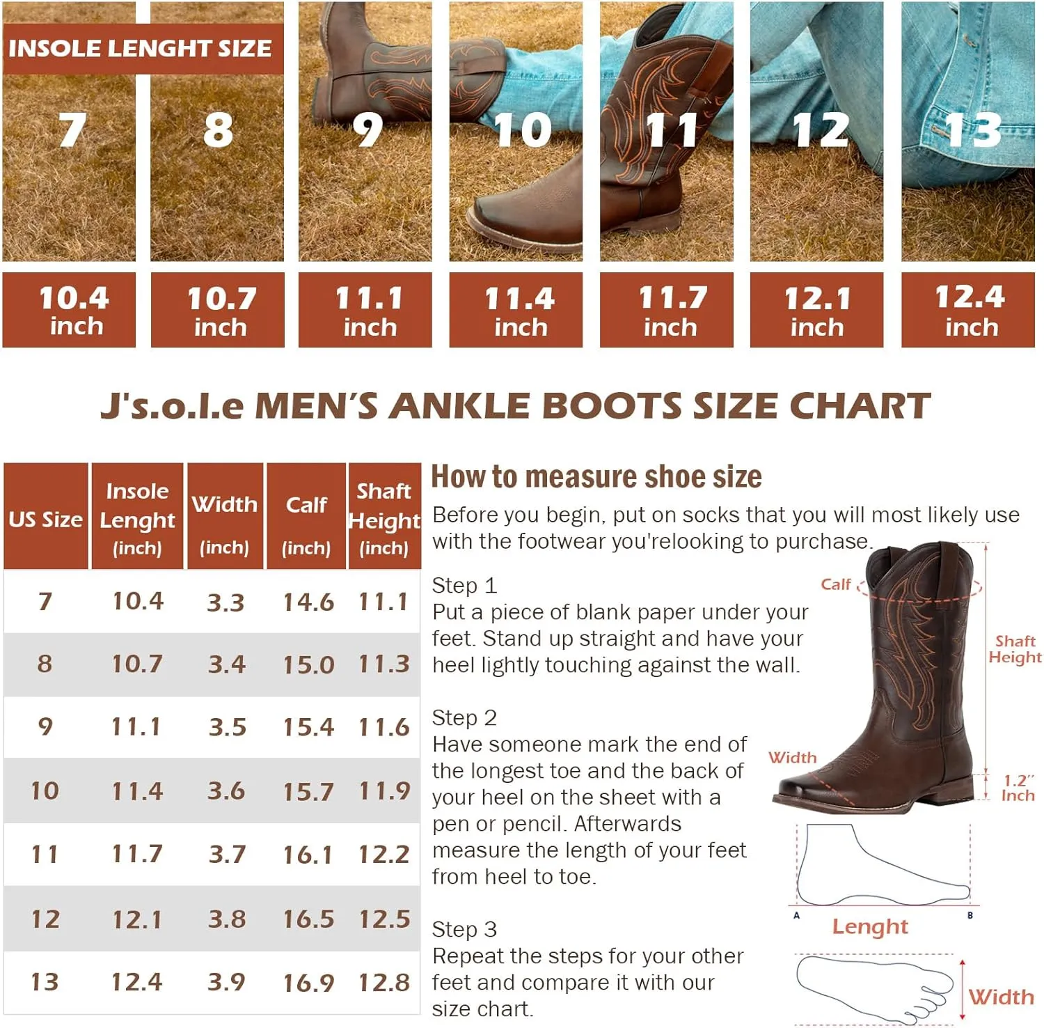 J's.o.l.e Cowboy Boots for Men Square Toe Men's Western Boots Classic Embroidered Country Boots for Concert Daily Wedding