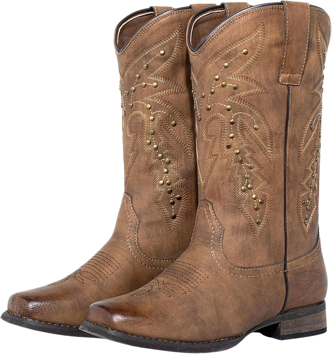 J's.o.l.e Studs Cowboy Boots for Women Narrow Square Toe Cowgirl Embroidered Western Boots Brown
