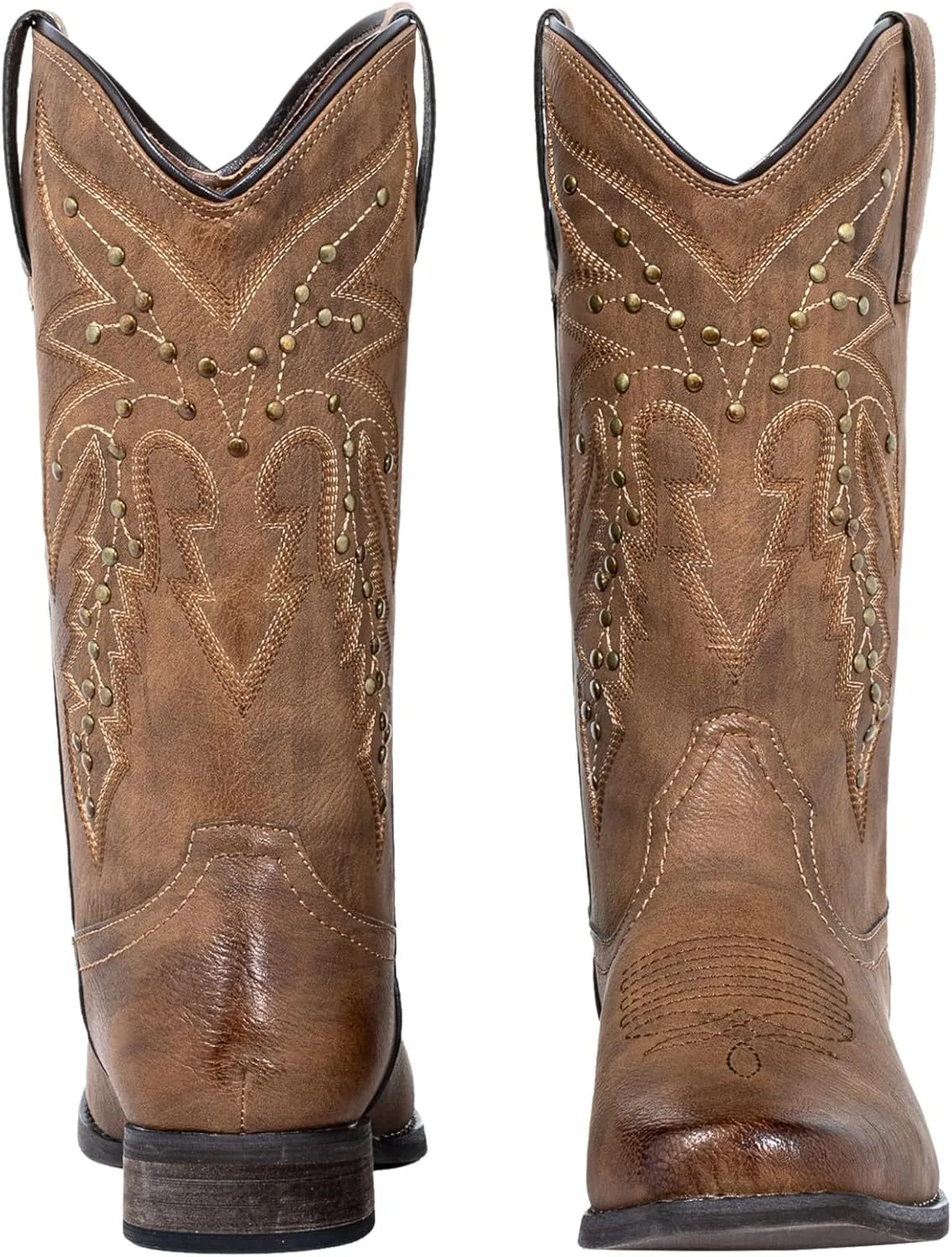 J's.o.l.e Studs Cowboy Boots for Women Narrow Square Toe Cowgirl Embroidered Western Boots Brown