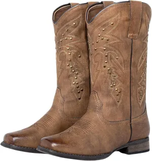 J's.o.l.e Studs Cowboy Boots for Women Narrow Square Toe Cowgirl Embroidered Western Boots Brown