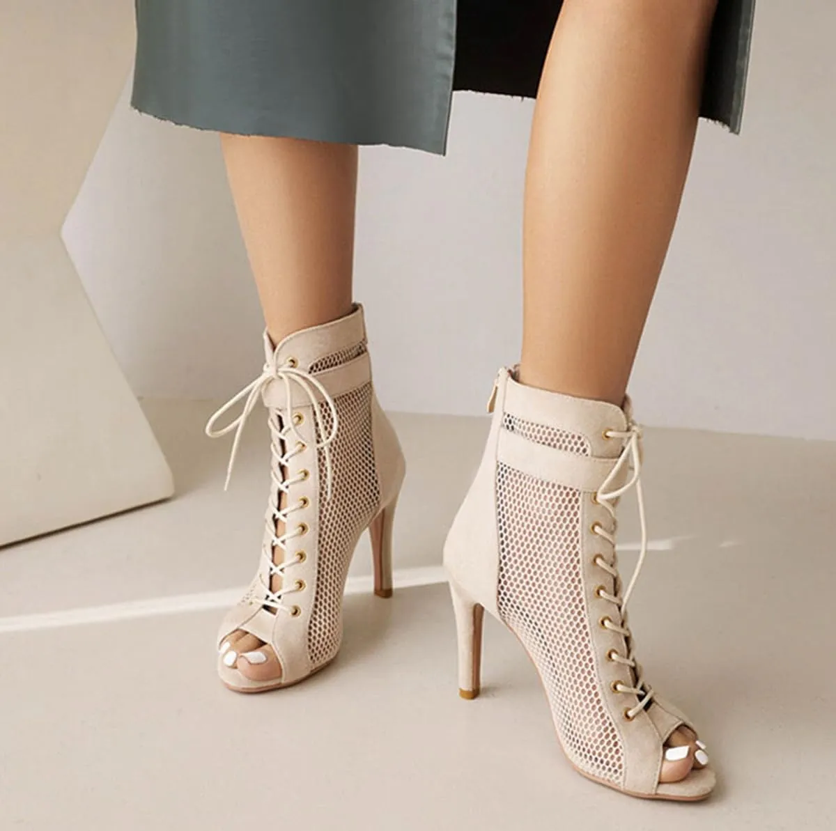 JXUZY Women's Stiletto Heel Breather Mesh Ankle Boots Jazz Dance Ballroom Social Peep Toe Sandals