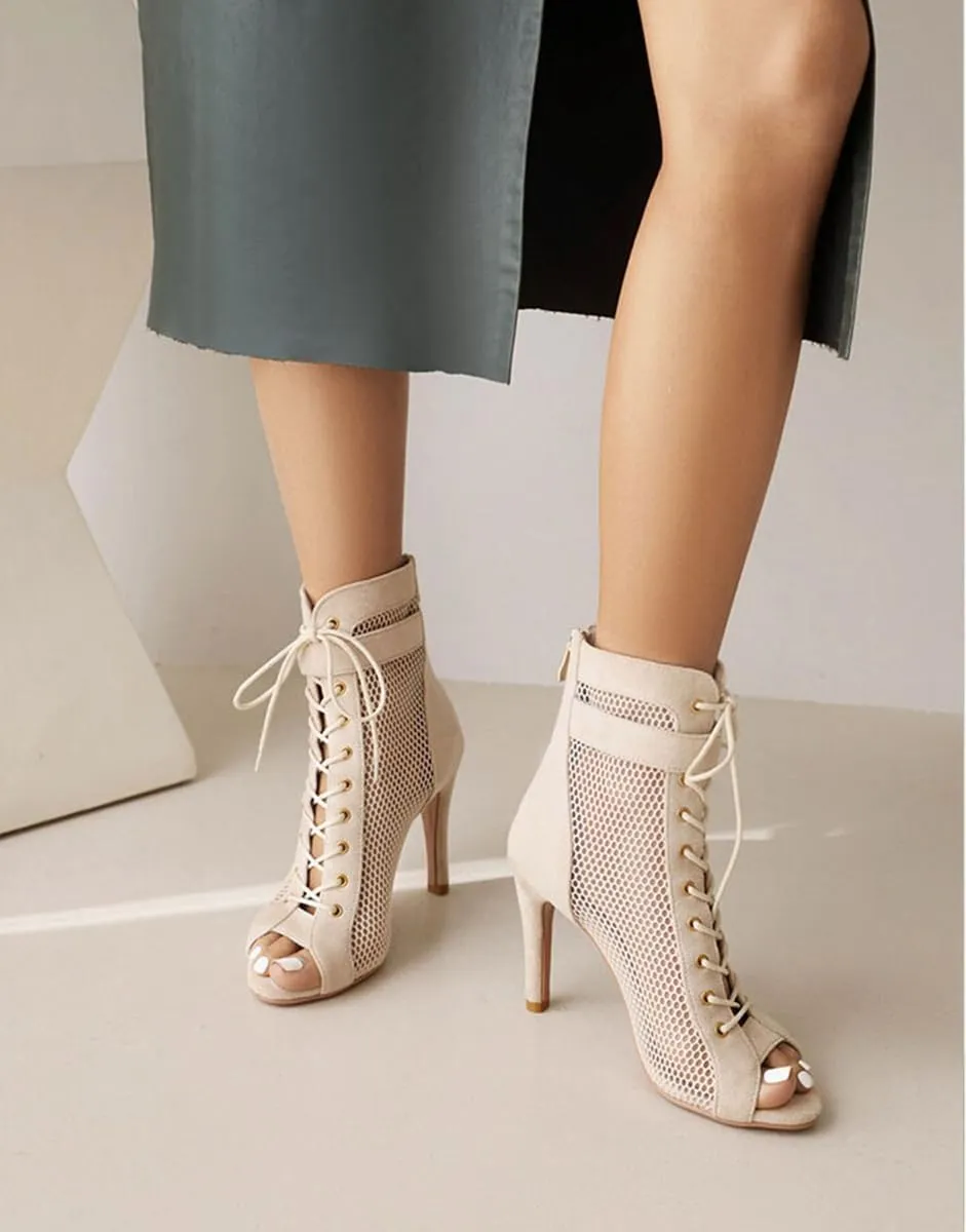 JXUZY Women's Stiletto Heel Breather Mesh Ankle Boots Jazz Dance Ballroom Social Peep Toe Sandals