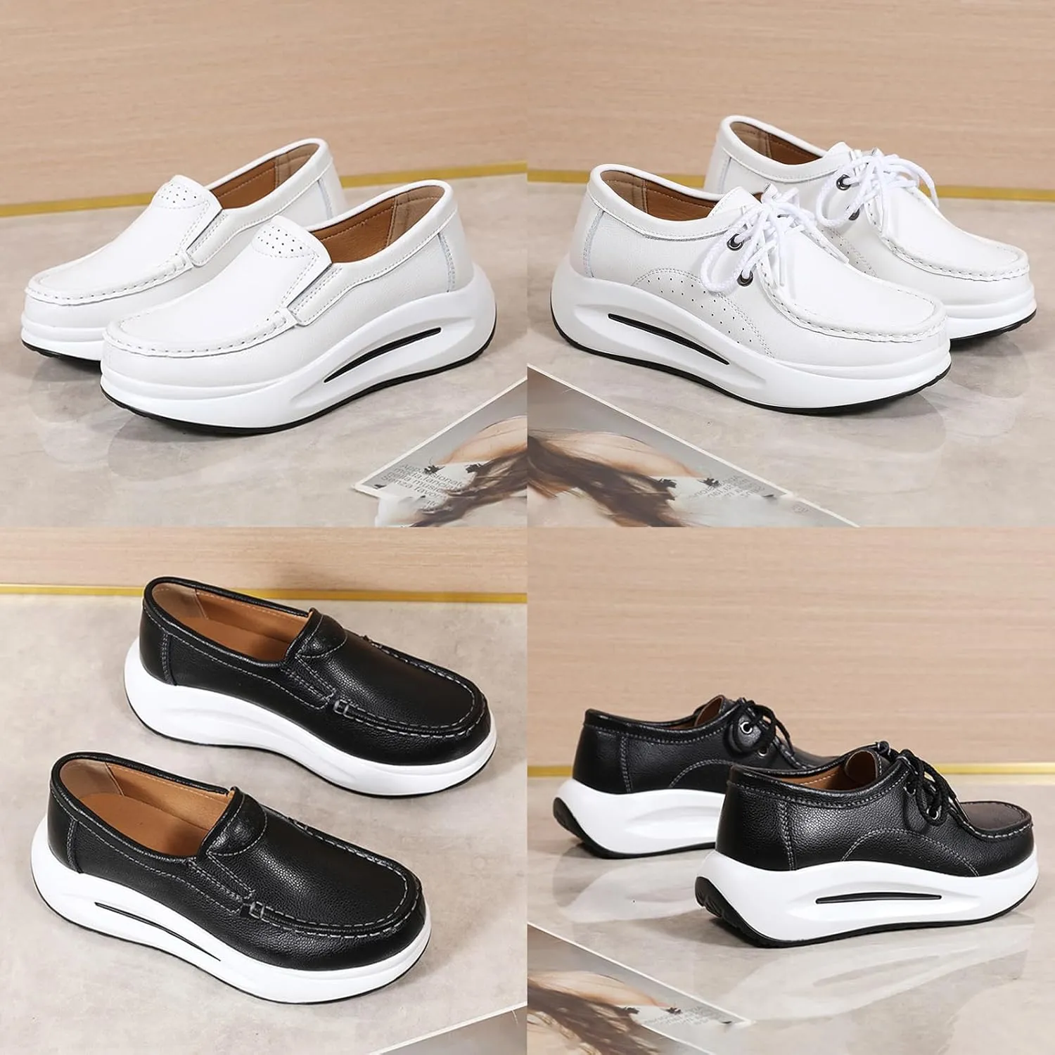 Keilinia Women's Lightweight Platform Leather Casual Shoes,Comfort Breathable Non-Slip Stretch Cushion Walking Fashion Sneakers
