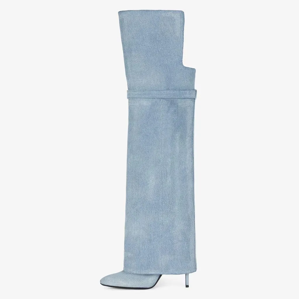 keleimusi Fold Over Thigh High Over the Knee Boots For Women Pointed Toe Stilettos High Heel Padlock Boots Wide Calf Pull-on Fashion Dress Boots