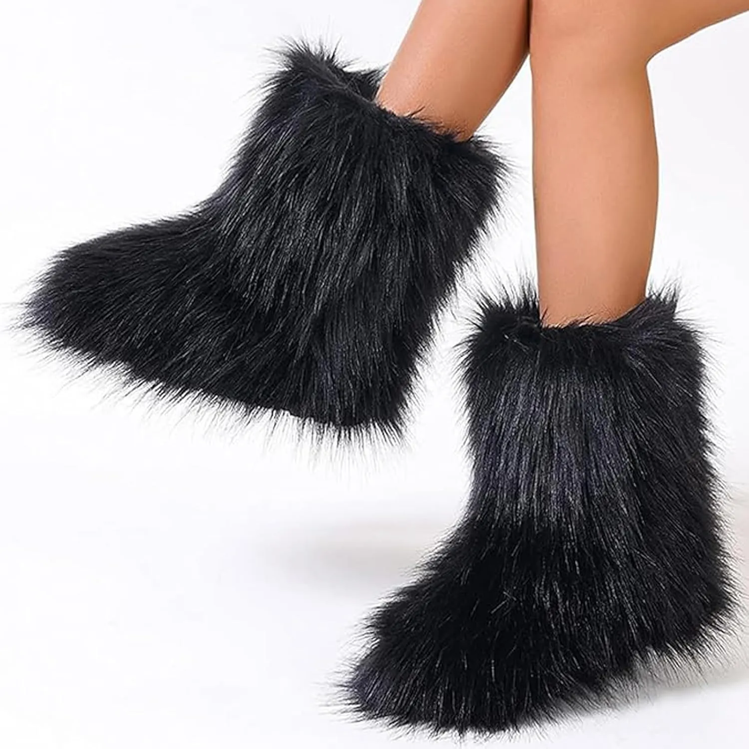 Kids Fur Boots Furry Boots for Girls Warm Faux Fur Snow Boots for Kids,Mid-Calf Flat