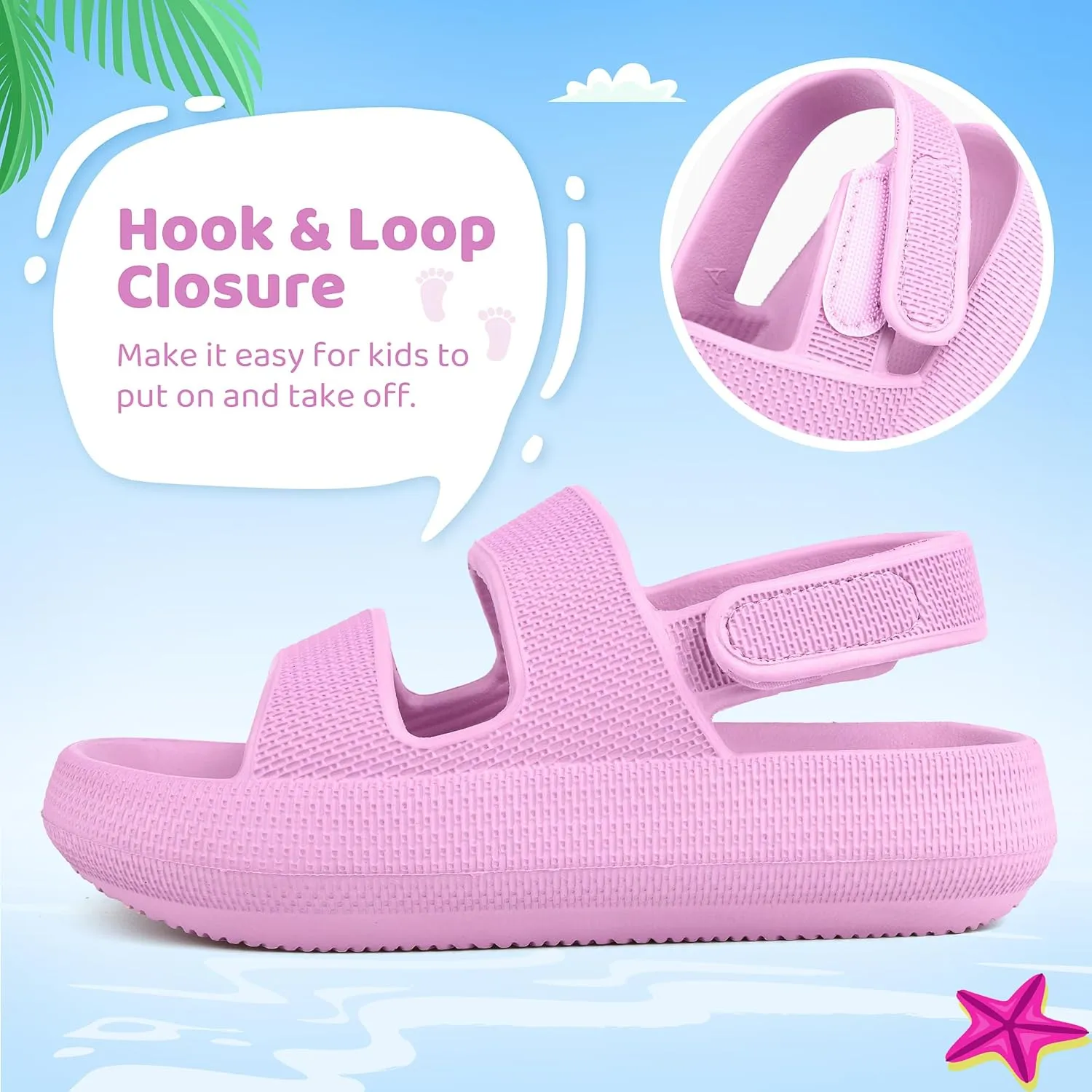 Kids Sandals Boys Girls Cloud Slide Sandals Open Toe Sports Sandals EVA Thick Sole Water Sandals with Hook and Loop Back Strap