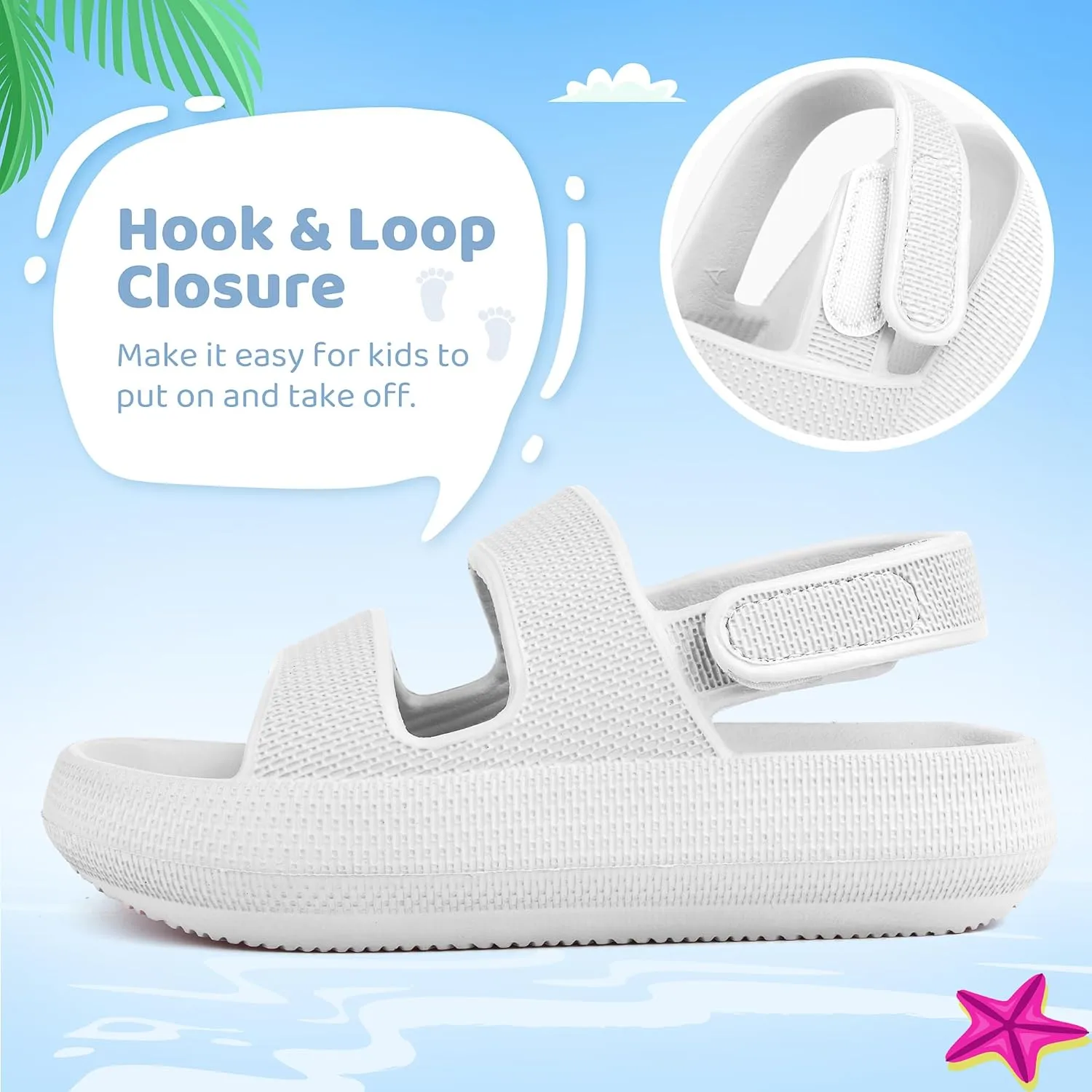 Kids Sandals Boys Girls Cloud Slide Sandals Open Toe Sports Sandals EVA Thick Sole Water Sandals with Hook and Loop Back Strap