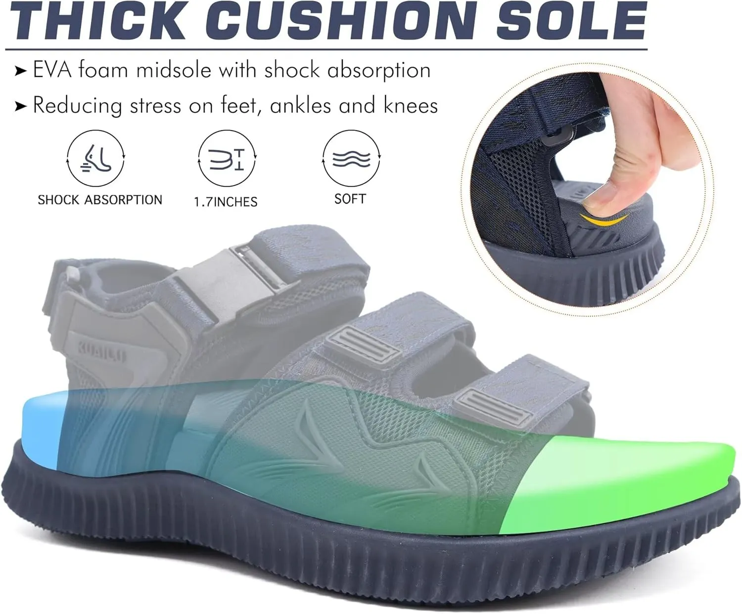 KuaiLu Mens Hiking Sandals with Arch Support Orthopedic Walking Recovery Sandals for Plantar Fasciitis Open Toe Summer Athletic Sport Comfortable Cushion Breathable Outdoor Water Sandals Size7-13