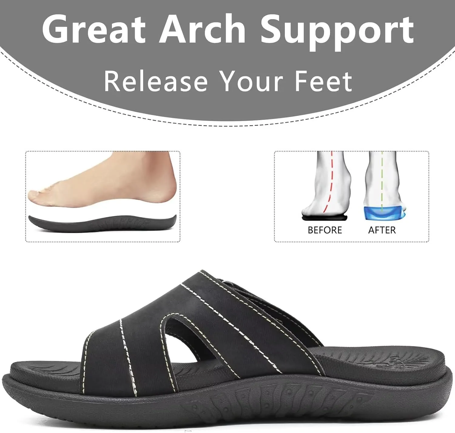 KuaiLu Womens Fashion Orthotic Slides Ladies Lightweight Athletic Yoga Mat Sandals Slip On Thick Cushion Slippers Sandals With Comfortable Plantar Fasciitis Arch Support