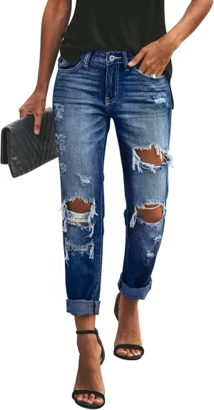 KUNMI Women's Ripped Mid Waisted Boyfriend Jeans Loose Fit Distressed Stretchy Denim Pants