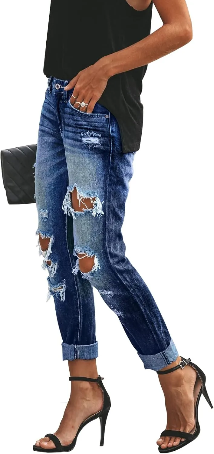 KUNMI Women's Ripped Mid Waisted Boyfriend Jeans Loose Fit Distressed Stretchy Denim Pants
