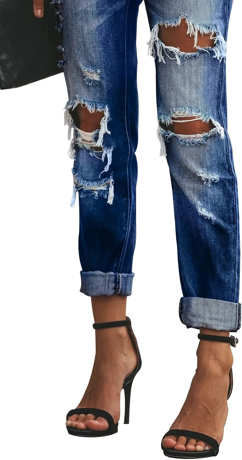 KUNMI Women's Ripped Mid Waisted Boyfriend Jeans Loose Fit Distressed Stretchy Denim Pants