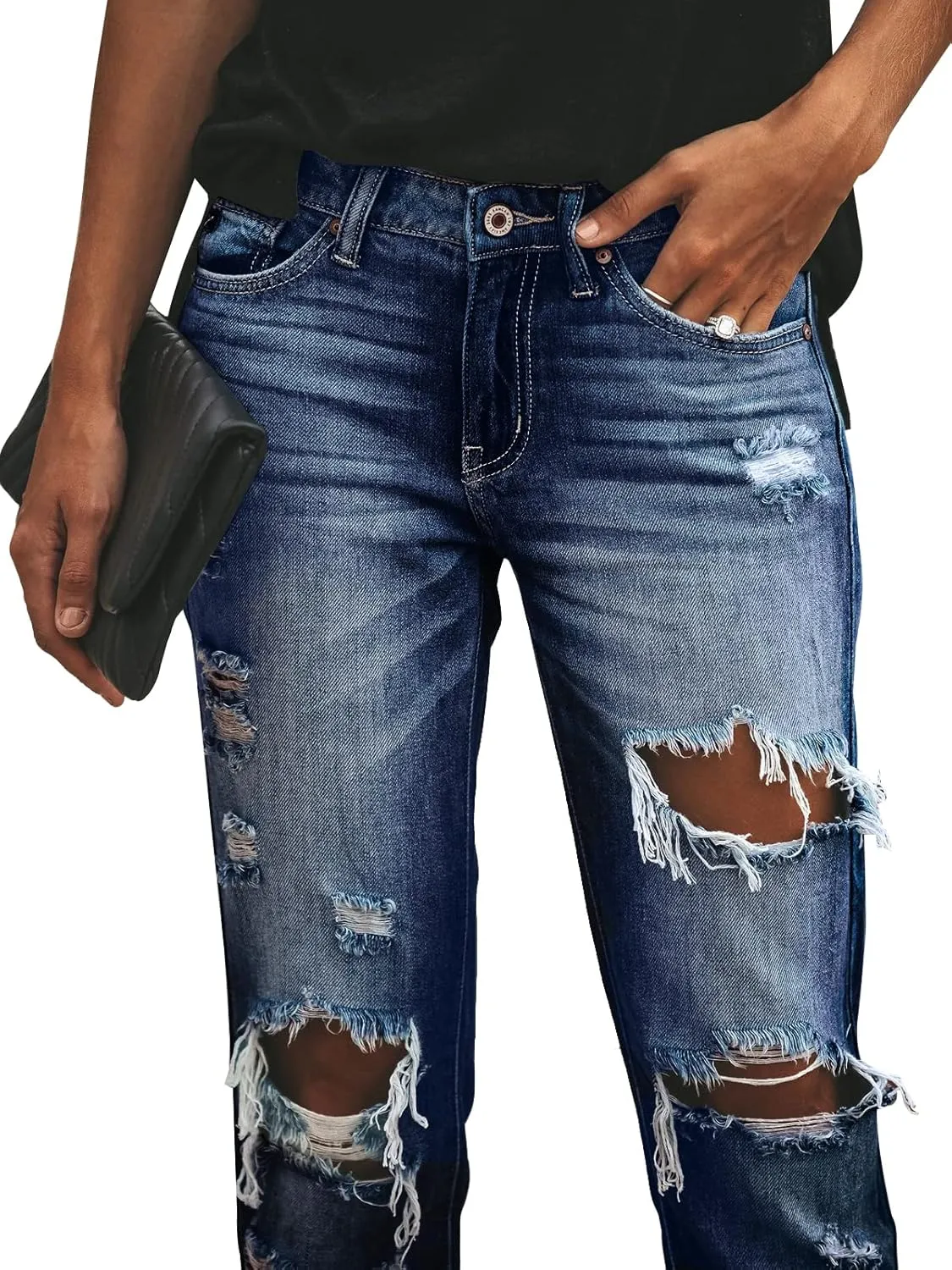 KUNMI Women's Ripped Mid Waisted Boyfriend Jeans Loose Fit Distressed Stretchy Denim Pants