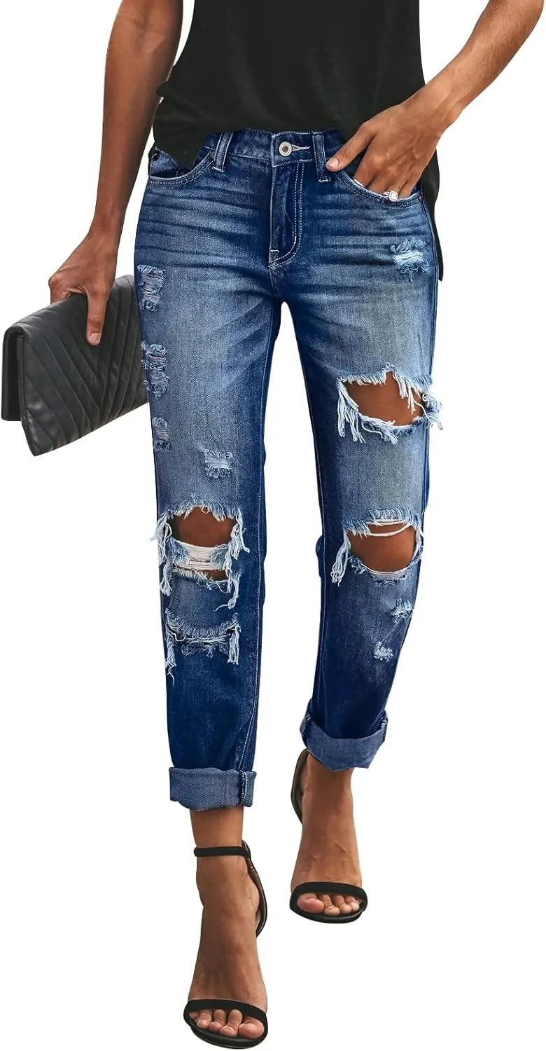 KUNMI Women's Ripped Mid Waisted Boyfriend Jeans Loose Fit Distressed Stretchy Denim Pants