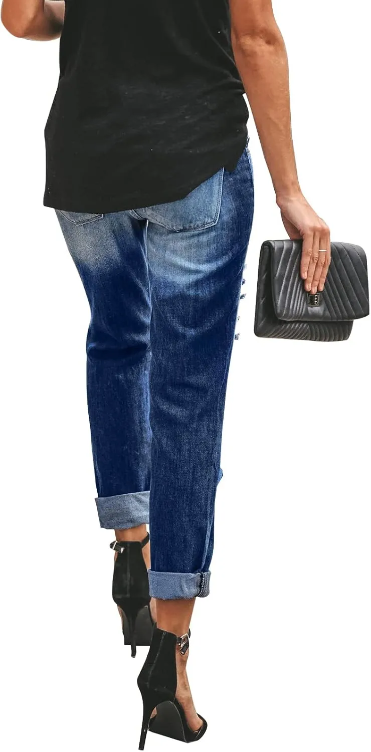 KUNMI Women's Ripped Mid Waisted Boyfriend Jeans Loose Fit Distressed Stretchy Denim Pants