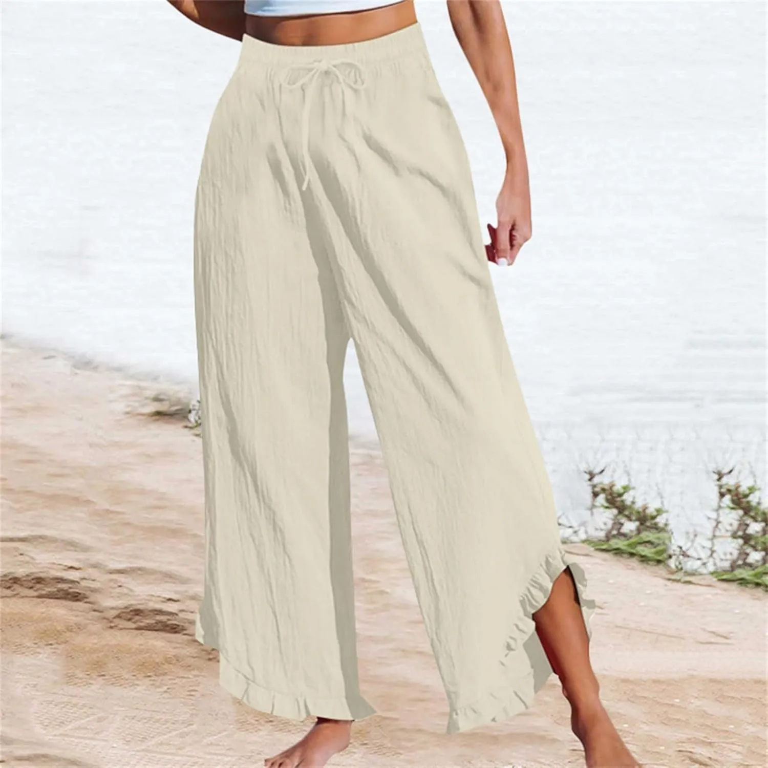 Lightweight Linen Casual Pants for Women Oversized Stretch Drawstring Ruffle Hem Trouser Beach Boho Casual Sweatpants