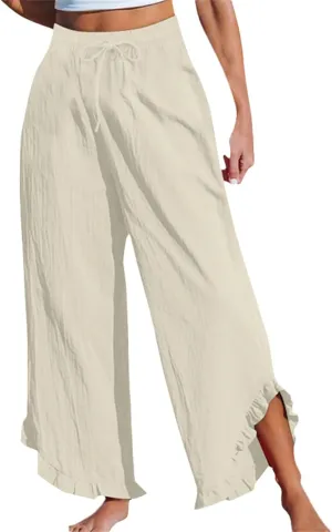 Lightweight Linen Casual Pants for Women Oversized Stretch Drawstring Ruffle Hem Trouser Beach Boho Casual Sweatpants