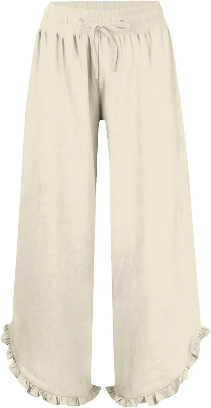 Lightweight Linen Casual Pants for Women Oversized Stretch Drawstring Ruffle Hem Trouser Beach Boho Casual Sweatpants