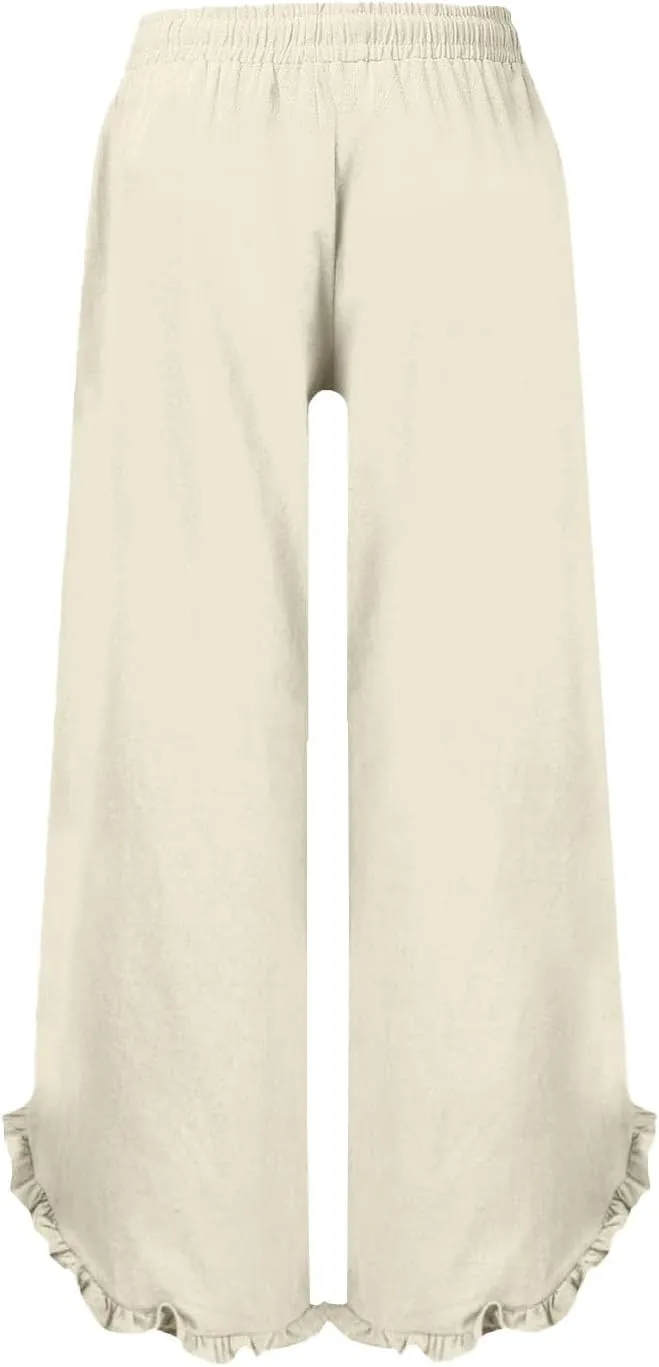 Lightweight Linen Casual Pants for Women Oversized Stretch Drawstring Ruffle Hem Trouser Beach Boho Casual Sweatpants