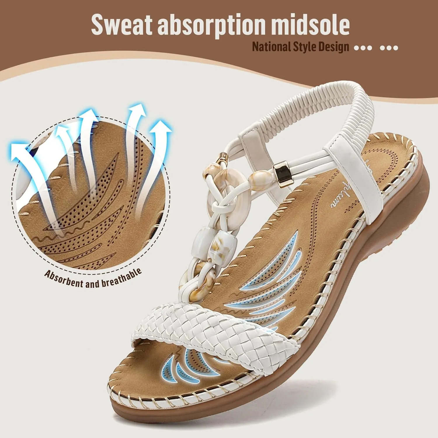 Littleplum Women Sandals Arch Support Handmade Bohemian Braided Flat Sandals Comfort Walking Beach Ankle Elastic Summer Shoes