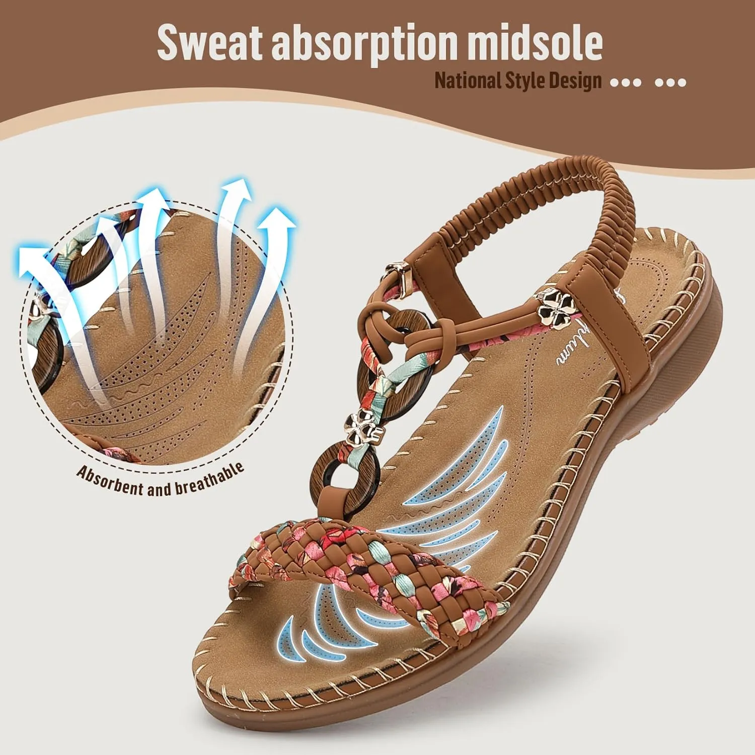 Littleplum Women Sandals Arch Support Handmade Bohemian Braided Flat Sandals Comfort Walking Beach Ankle Elastic Summer Shoes