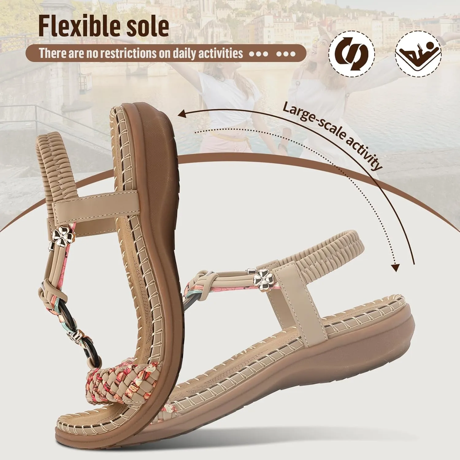 Littleplum Women Sandals Arch Support Handmade Bohemian Braided Flat Sandals Comfort Walking Beach Ankle Elastic Summer Shoes