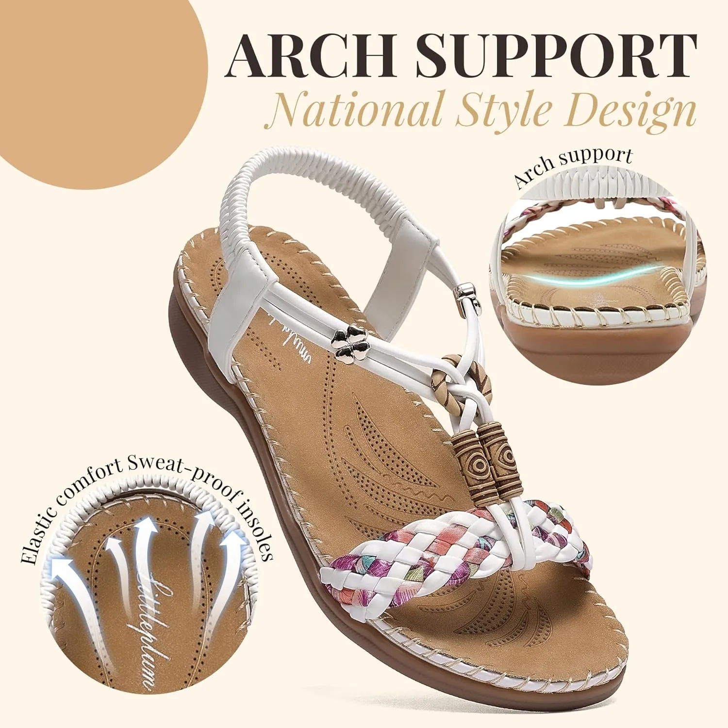 Littleplum Women Sandals Arch Support Handmade Bohemian Braided Flat Sandals Comfort Walking Beach Ankle Elastic Summer Shoes