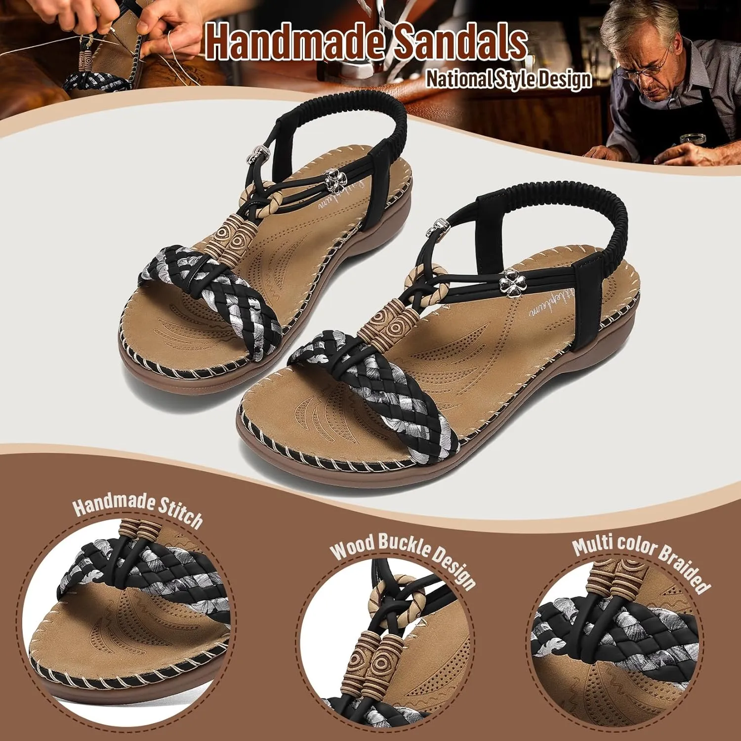 Littleplum Women Sandals Arch Support Handmade Bohemian Braided Flat Sandals Comfort Walking Beach Ankle Elastic Summer Shoes