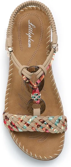 Littleplum Women Sandals Arch Support Handmade Bohemian Braided Flat Sandals Comfort Walking Beach Ankle Elastic Summer Shoes