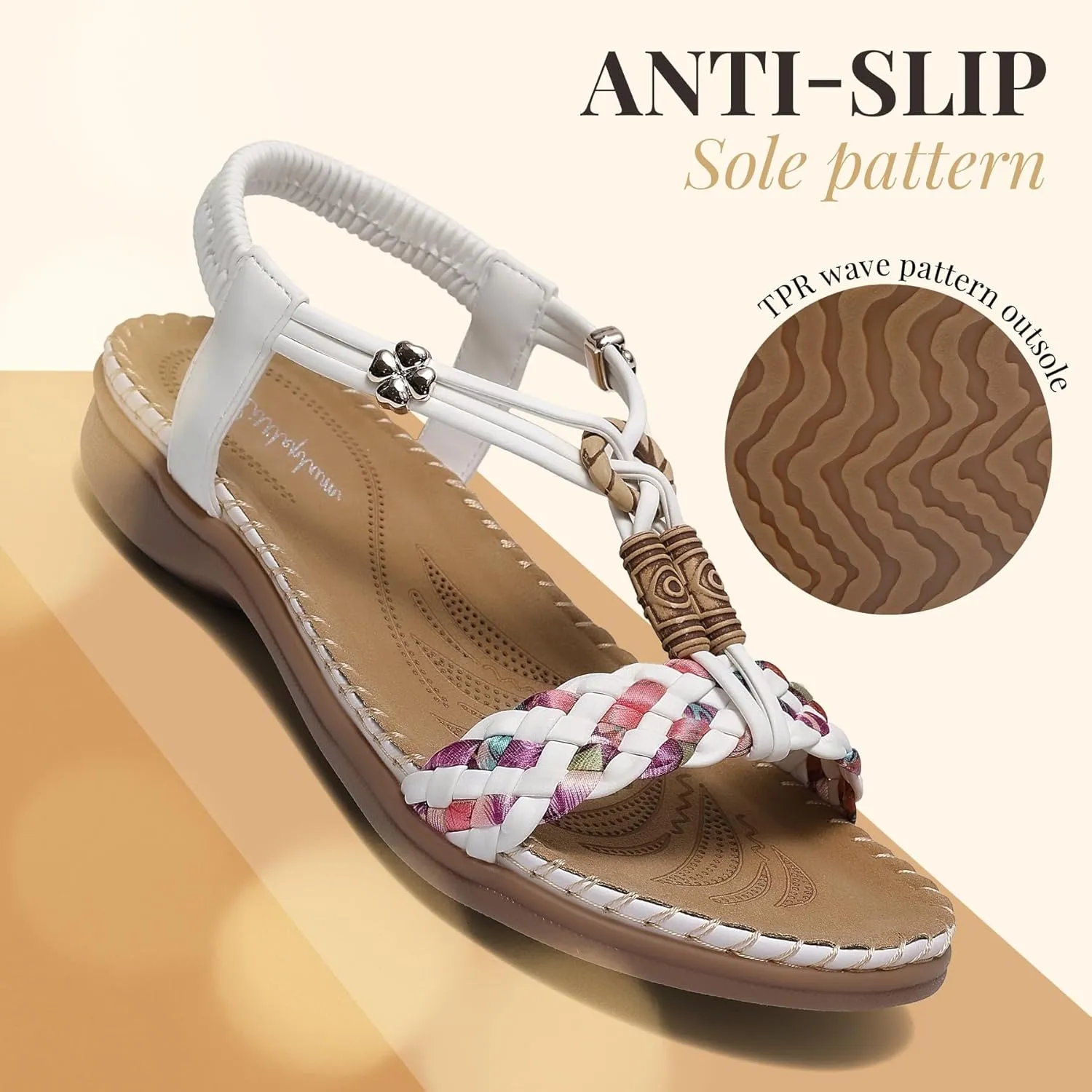 Littleplum Women Sandals Arch Support Handmade Bohemian Braided Flat Sandals Comfort Walking Beach Ankle Elastic Summer Shoes