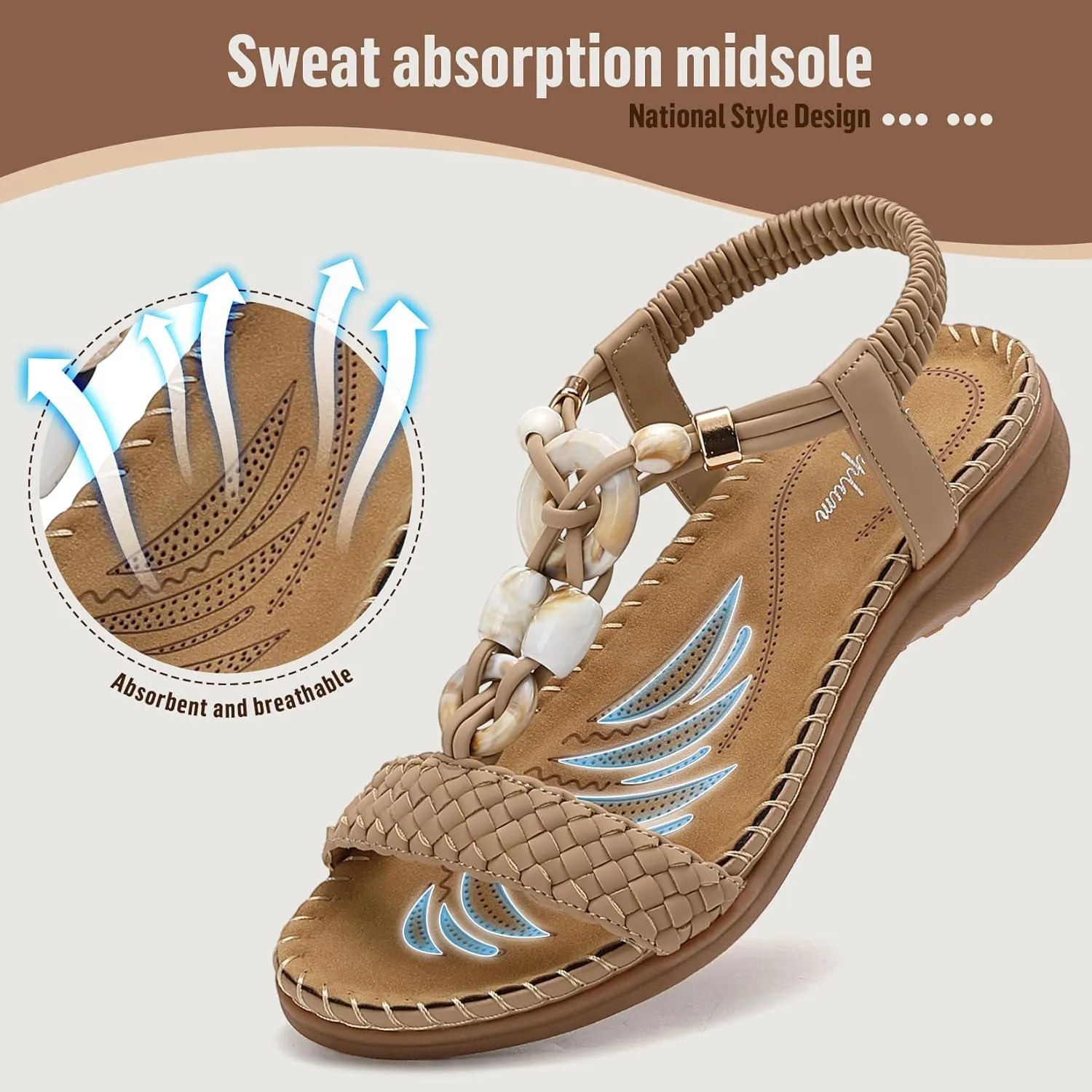 Littleplum Women Sandals Arch Support Handmade Bohemian Braided Flat Sandals Comfort Walking Beach Ankle Elastic Summer Shoes