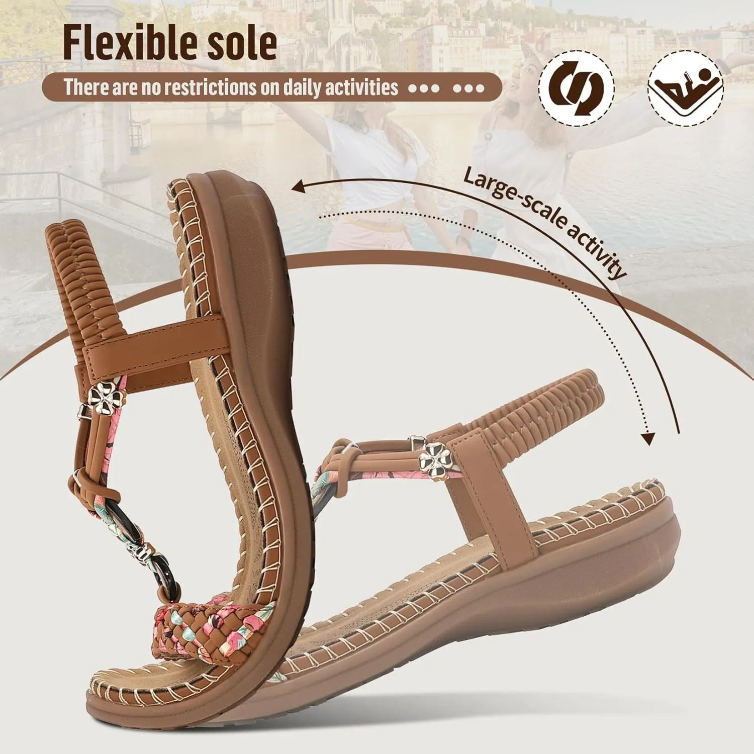 Littleplum Women Sandals Arch Support Handmade Bohemian Braided Flat Sandals Comfort Walking Beach Ankle Elastic Summer Shoes