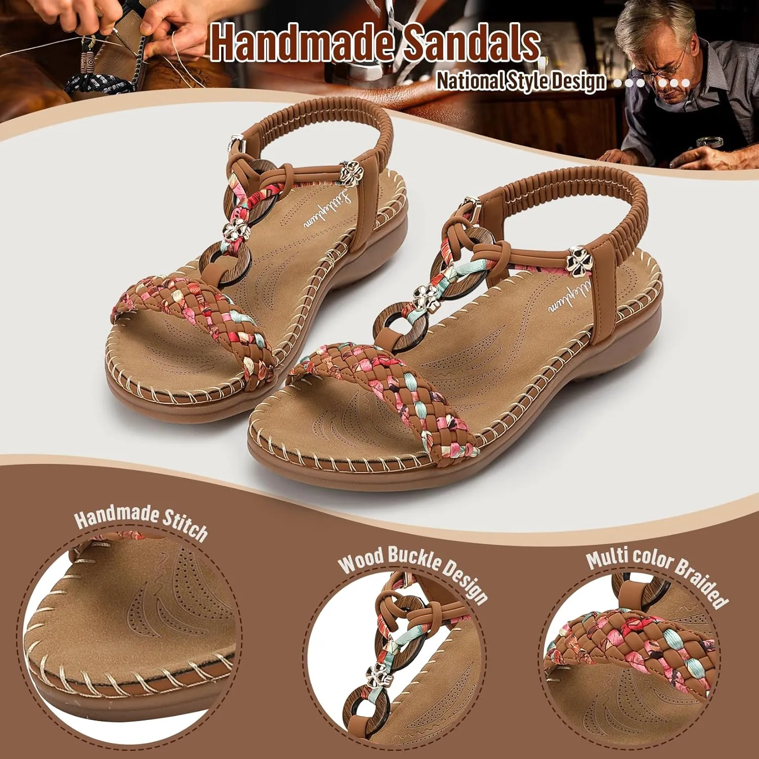 Littleplum Women Sandals Arch Support Handmade Bohemian Braided Flat Sandals Comfort Walking Beach Ankle Elastic Summer Shoes
