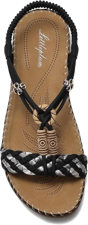 Littleplum Women Sandals Arch Support Handmade Bohemian Braided Flat Sandals Comfort Walking Beach Ankle Elastic Summer Shoes