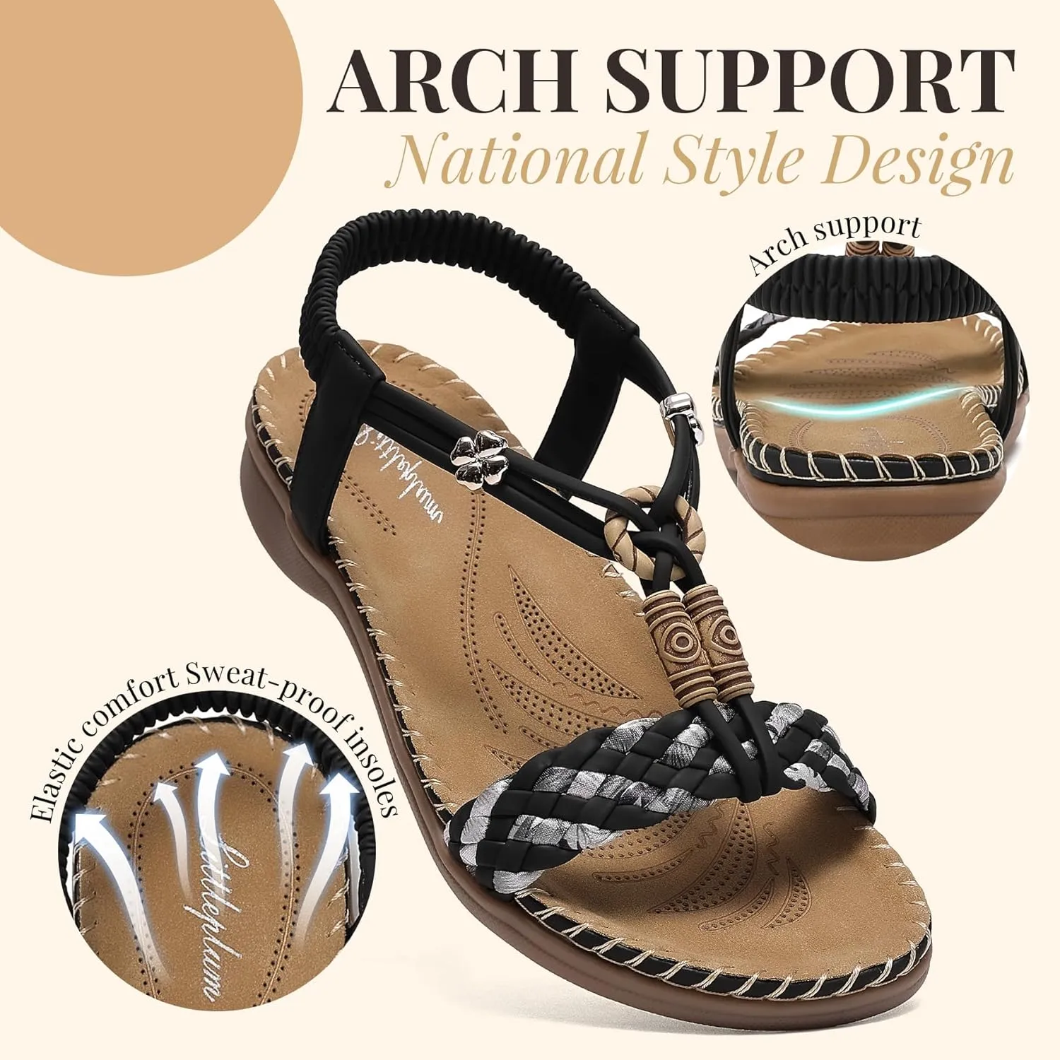 Littleplum Women Sandals Arch Support Handmade Bohemian Braided Flat Sandals Comfort Walking Beach Ankle Elastic Summer Shoes