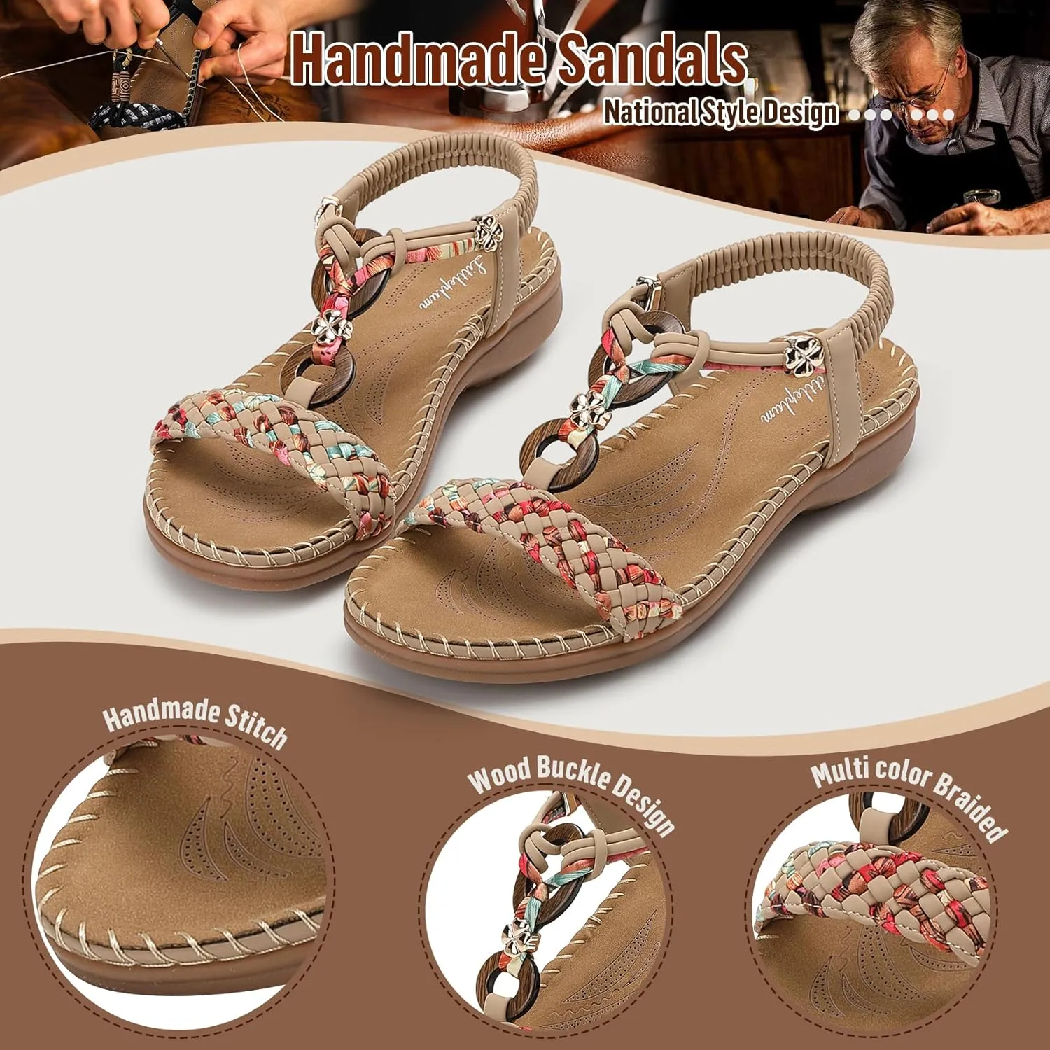 Littleplum Women Sandals Arch Support Handmade Bohemian Braided Flat Sandals Comfort Walking Beach Ankle Elastic Summer Shoes